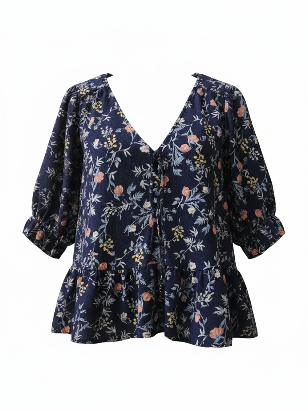 Lucky Brand Navy Floral V-Neck Ruffle Peplum Blouse Size Medium